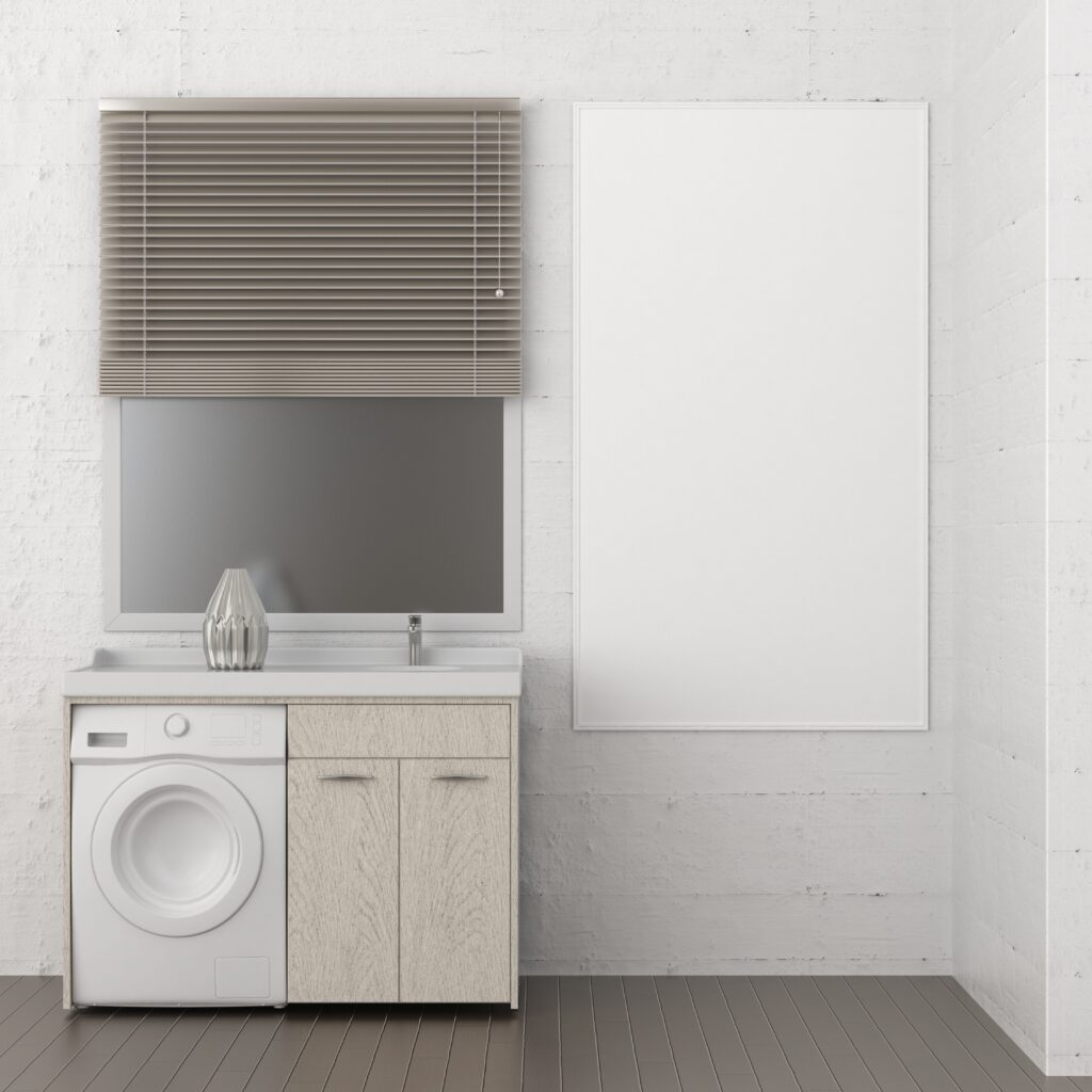 3D illustration mockup photo frame on beautiful wall over wash machine and cabinet, Home Decorated with scandinavian style interior and natural rendering