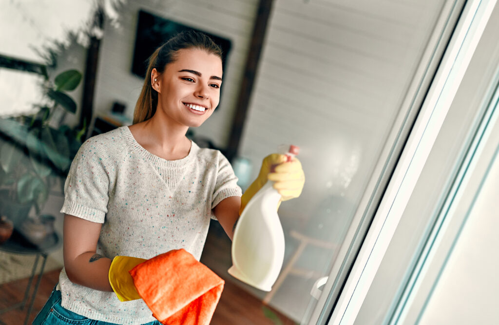A young attractive woman in rubber gloves and casual home clothes washes a glass with a special spray and rag.