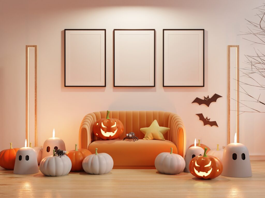 Halloween party in living room with orange sofa and mockup poster frame